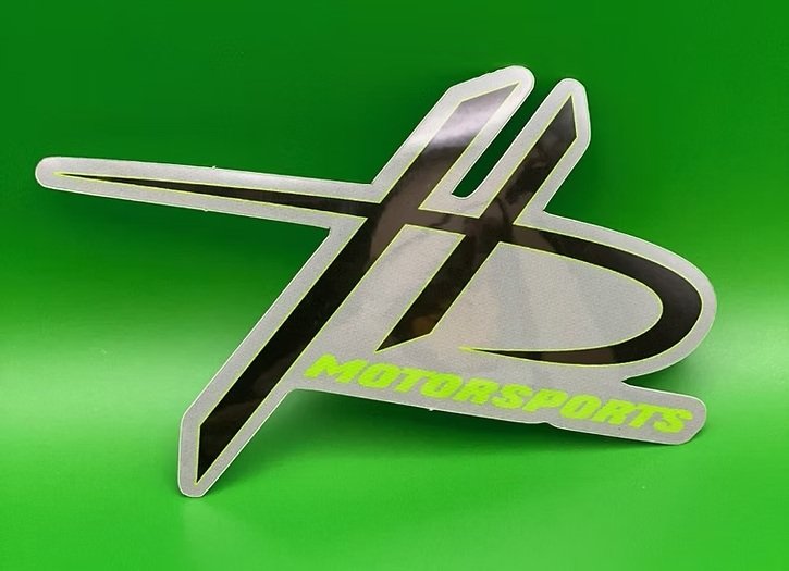 HD Motorsports logo sticker, black and green die-cut